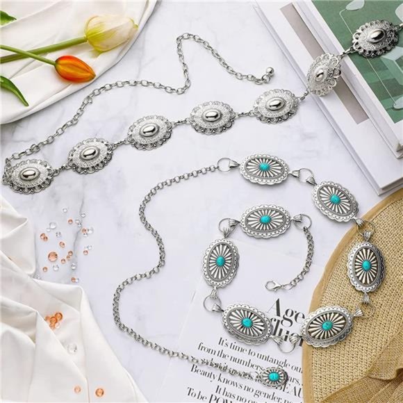2 Pcs Flower Turquoise Concho Chain Waist Belt Silver Metal Western Chain Belts main image 6